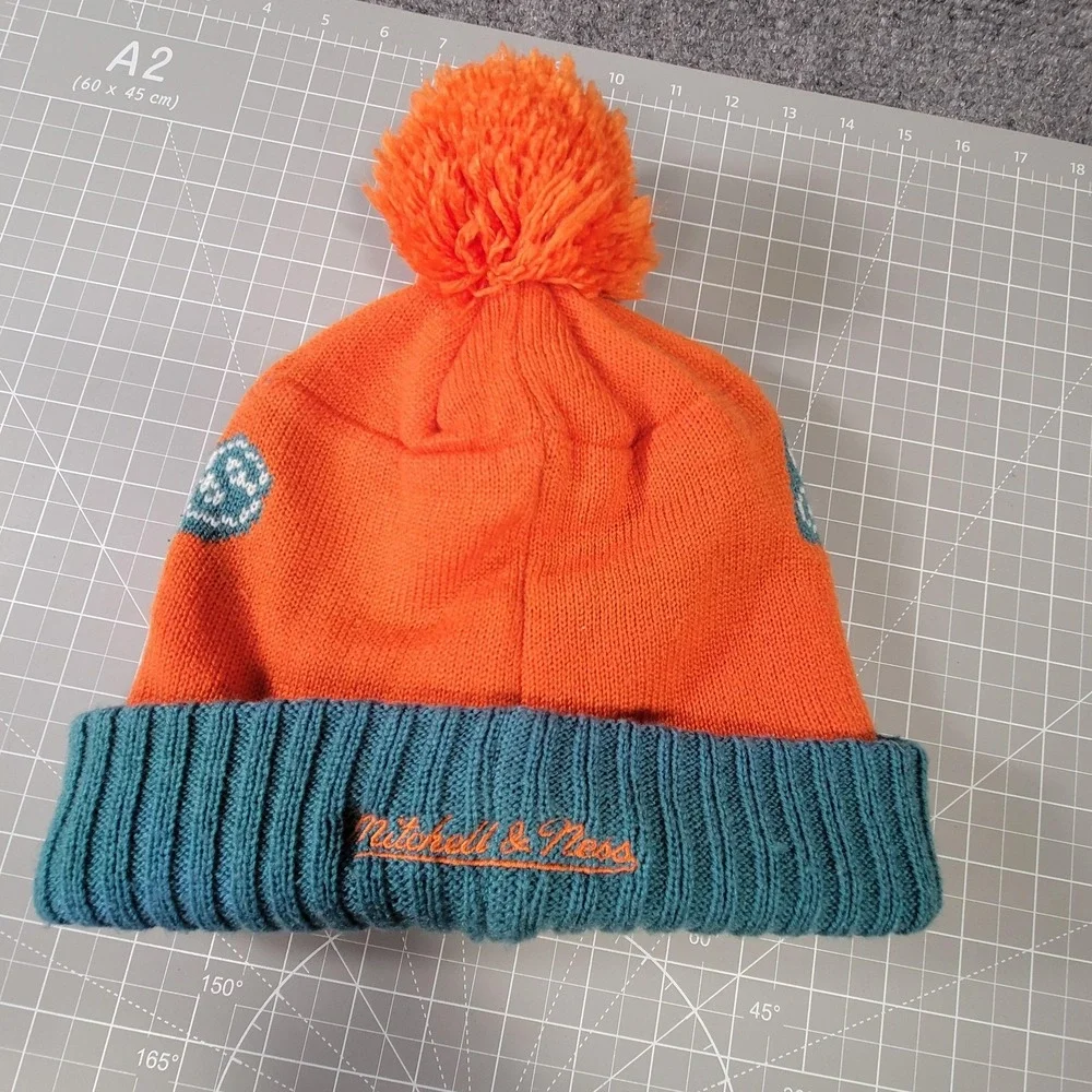 Miami‎ Dolphins Hat Beanie Mens Orange Teal NFL Football Pom Cuffed Knit Script